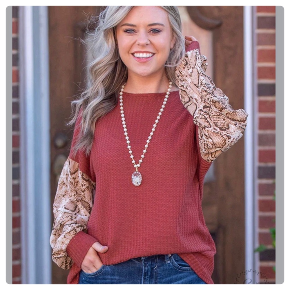Grace & Emma Boho Waffle Knit Snakeskin Mixed Media Top